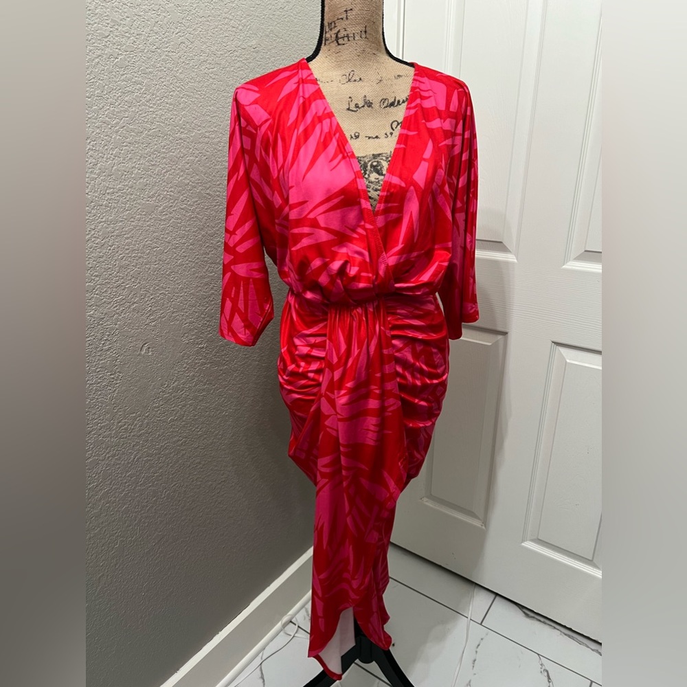 Dress Day USA Vibrant Red & Pink Tropical Print V neck Wrap Maxi Dress